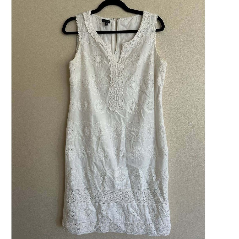 Talbots White Eyelet Cotton Sheath Dress 8 Crochet Lace Trim Coastal Preppy